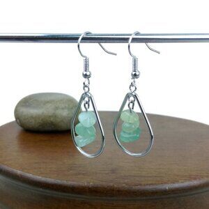 Green Agate Silver Tone Hook Earrings USA Made